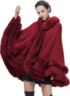 Women's Hooded Poncho Cape – Faux Fur Trim, Hook Closure - Burgundy