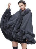 Women's Hooded Poncho Cape – Faux Fur Trim, Hook Closure - Stone Grey
