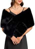 Women's Faux Fur Crossover Shawl Wrap – Stay-Put Design - Black