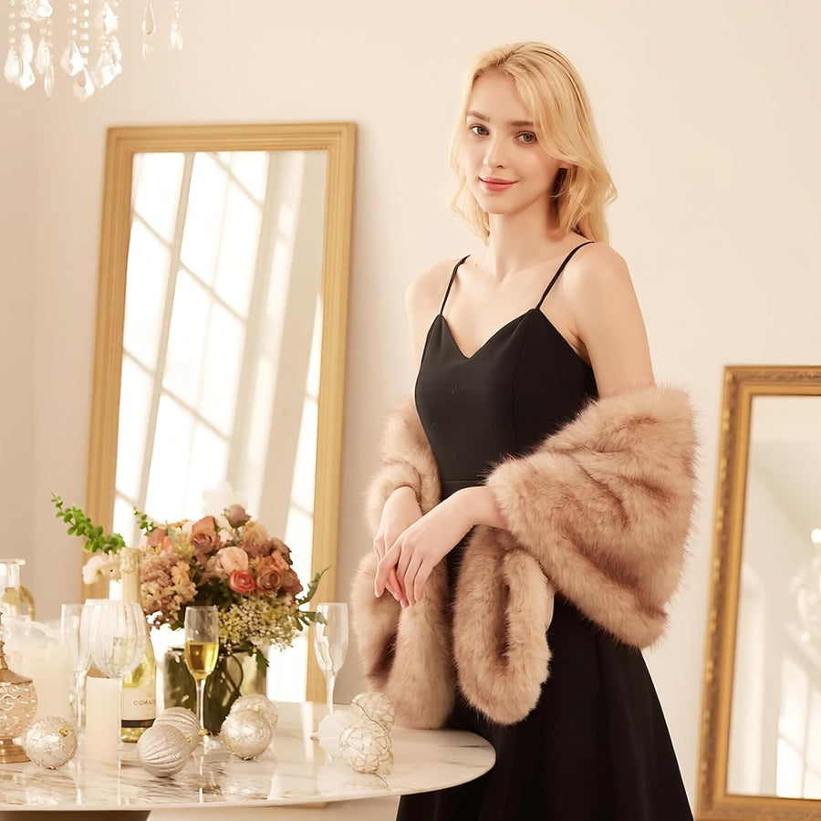 Women's Fluffy Faux Fur Shawl Wrap – Polyester Lined