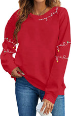Women's Christmas Light Print Sleeve Crewneck Jumper - Red