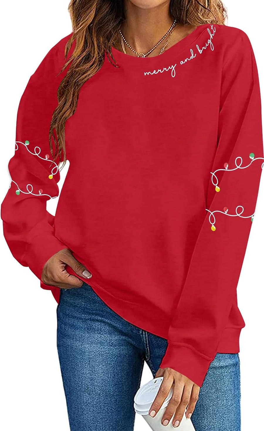 Women's Christmas Light Print Sleeve Crewneck Jumper
