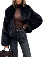 Women's Fluffy Faux Fur Cropped Jacket – Shawl Collar - Black