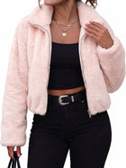 Women's Faux Fur Cropped Jacket – Full Zip Lapel Collar - Light Pink