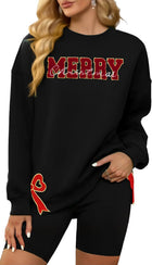 Women's Embroidered Side Bow 'Merry Christmas' Jumper - Black