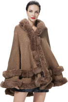 Women's Hooded Poncho Cape – Faux Fur Trim, Hook Closure - Khaki