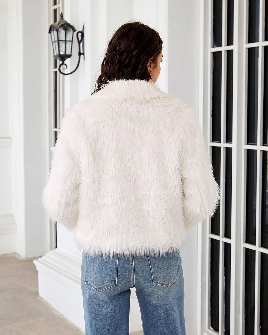 Women's Shaggy Faux Fur Cropped Jacket – Curved Hem