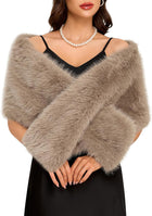 Women's Faux Fur Crossover Shawl Wrap – Stay-Put Design - Light Coffee
