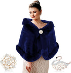 Women's Faux Fur Shawl Wrap – Hidden Hooks, 2 Brooches - Navy Blue