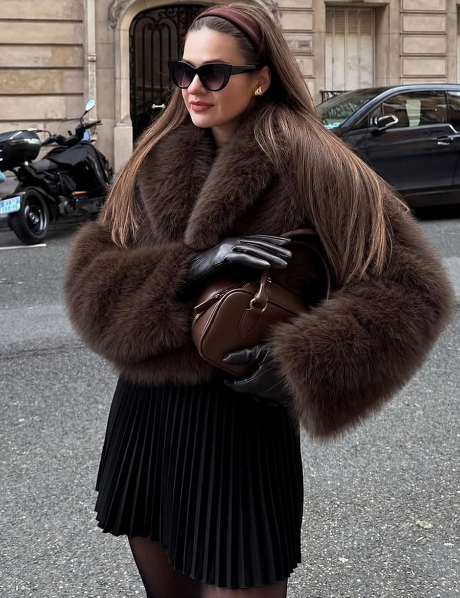 Women's Fluffy Faux Fur Cropped Jacket – Shawl Collar