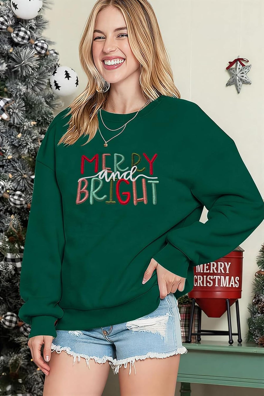 Women's 'Merry and Bright' Embroidered Crewneck Jumper