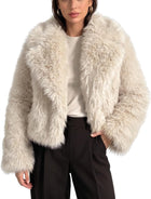 Women's Fluffy Faux Fur Cropped Jacket – Shawl Collar - Beige