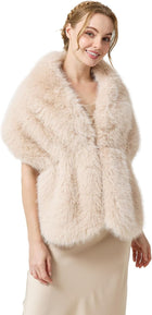 Women's Faux Fur Shawl Wrap – Hidden Metal Clasp - Beige