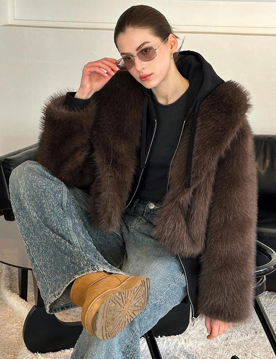 Women's Fluffy Faux Fur Cropped Jacket – Shawl Collar