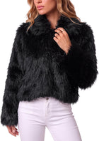 Women's Shaggy Faux Fur Cropped Jacket – Curved Hem - Black