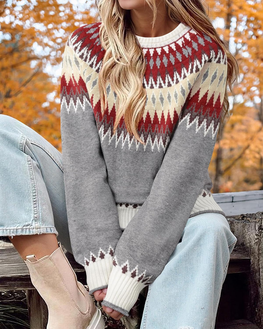 Women's Fair Isle Colour Block Knit Jumper – Ribbed Crew Neck