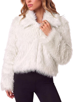 Women's Shaggy Faux Fur Cropped Jacket – Curved Hem