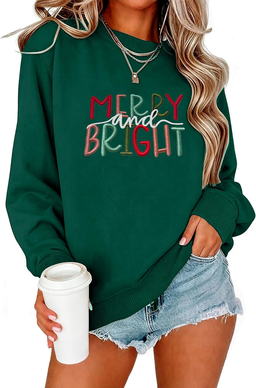 Women's 'Merry and Bright' Embroidered Crewneck Jumper