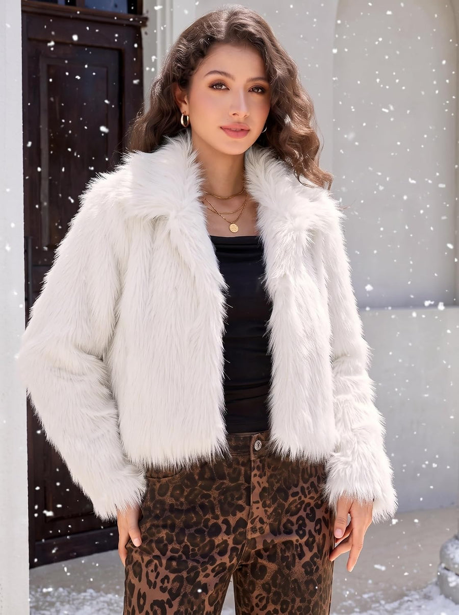 Women's Shaggy Faux Fur Cropped Jacket – Curved Hem