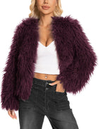Women's Fuzzy Faux Fur Jacket – Concealed Button Closure - Burgundy