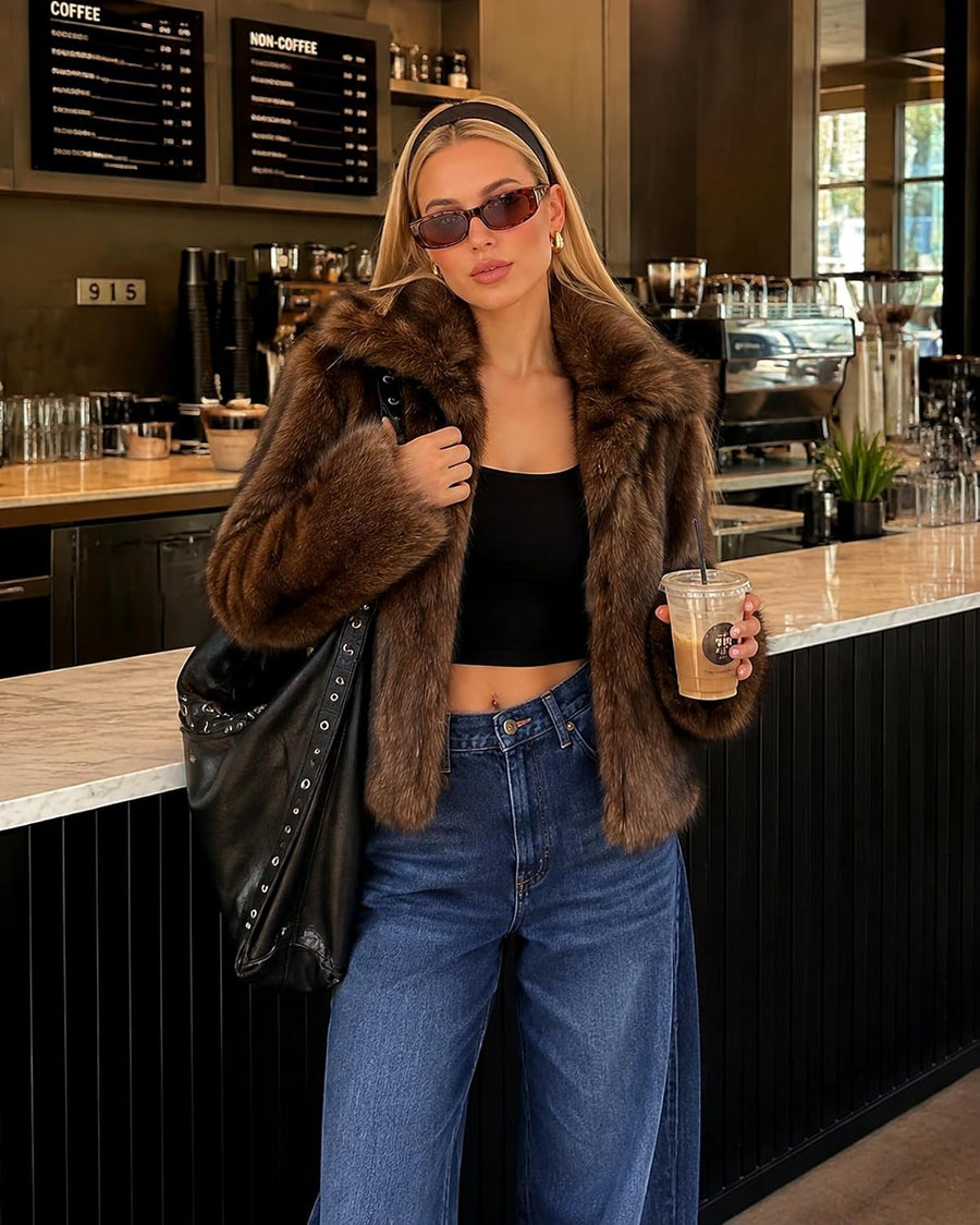Women's Two-Tone Faux Fur Cropped Jacket – Lapel Collar