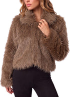 Women's Shaggy Faux Fur Cropped Jacket – Curved Hem - Coffee Brown