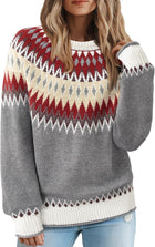 Women's Fair Isle Colour Block Knit Jumper – Ribbed Crew Neck - Grey