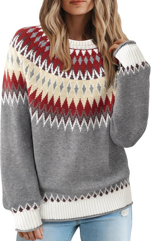 Women's Fair Isle Colour Block Knit Jumper – Ribbed Crew Neck