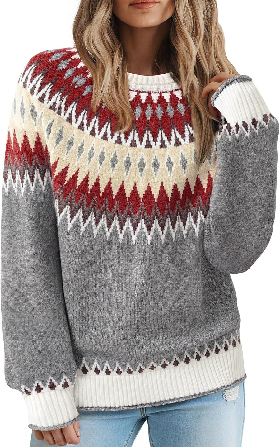 Women's Fair Isle Colour Block Knit Jumper – Ribbed Crew Neck