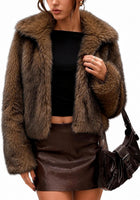 Women's Two-Tone Faux Fur Cropped Jacket – Lapel Collar - Black & Brown