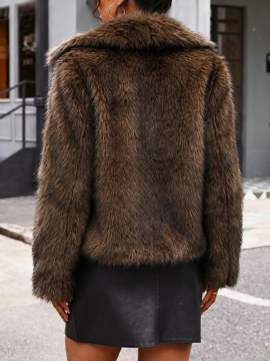 Women's Two-Tone Faux Fur Cropped Jacket – Lapel Collar