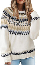 Women's Fair Isle Colour Block Knit Jumper – Ribbed Crew Neck - White