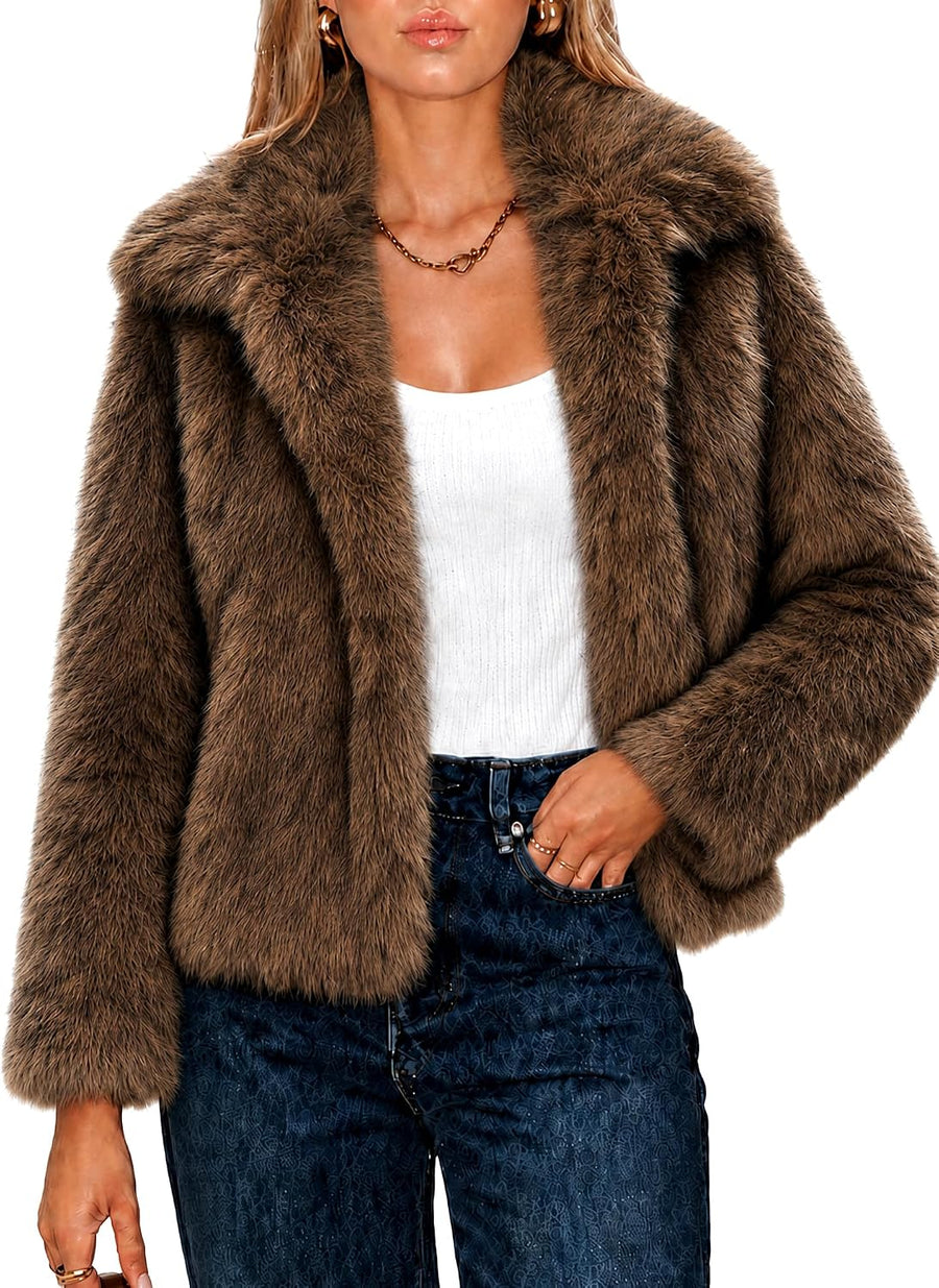Women's Two-Tone Faux Fur Cropped Jacket – Lapel Collar