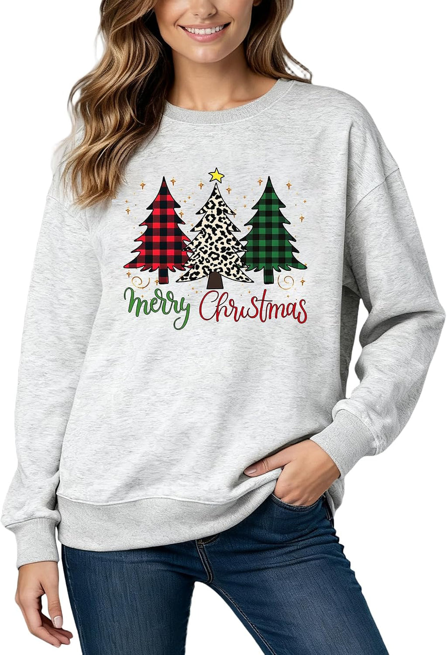 Women's Grey Christmas Tree and Elk Graphic Jumper