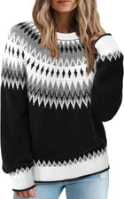 Women's Fair Isle Colour Block Knit Jumper – Ribbed Crew Neck - Black