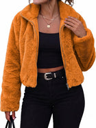 Women's Faux Fur Cropped Jacket – Full Zip Lapel Collar - Orange