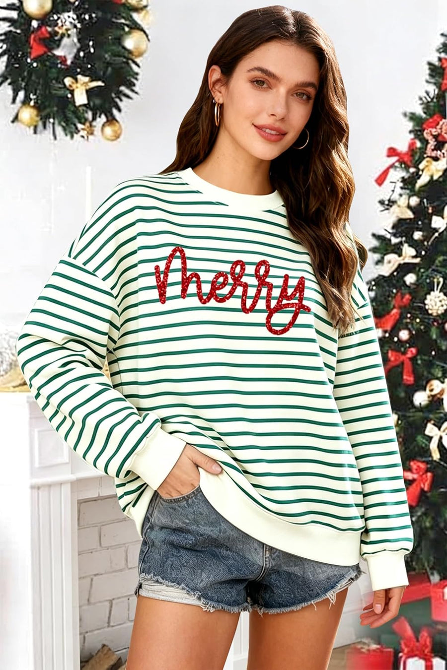 Women's Sequin Glitter Patch Striped Christmas Jumper