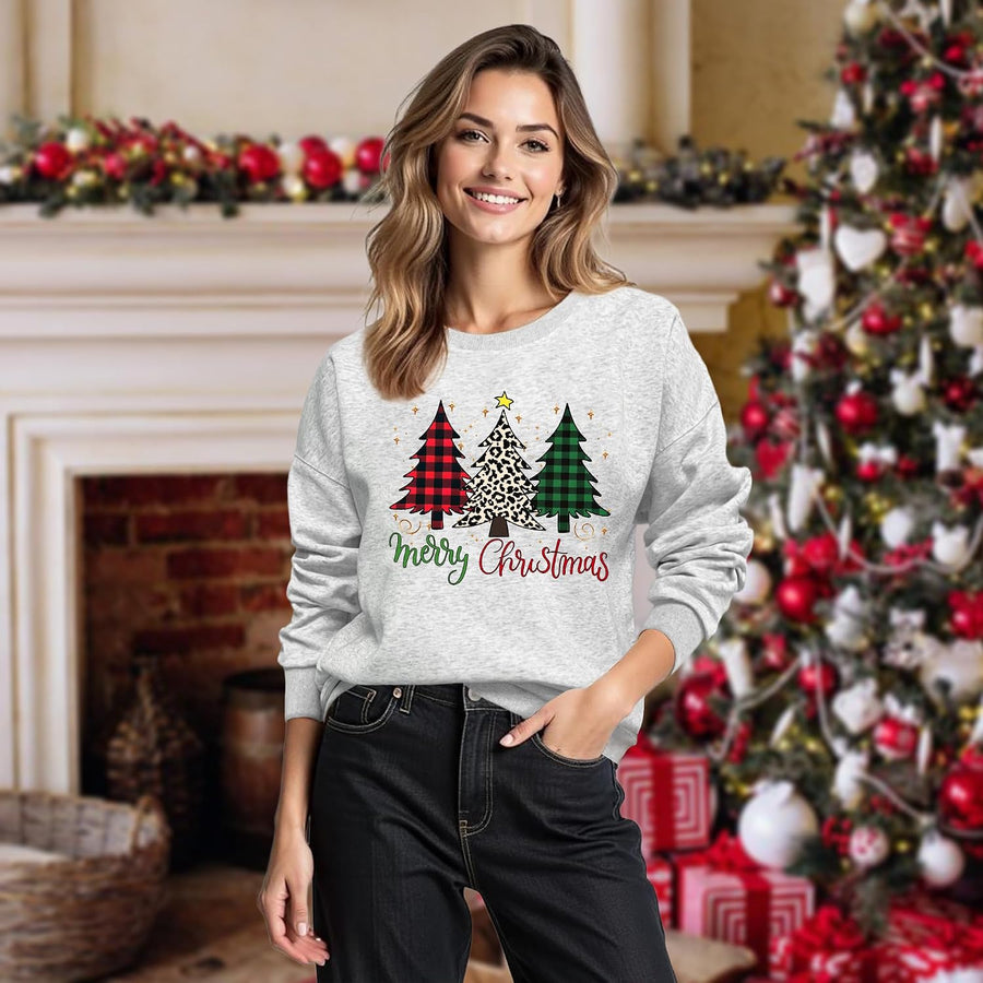 Women's Grey Christmas Tree and Elk Graphic Jumper