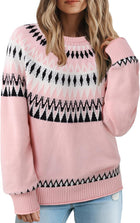 Women's Fair Isle Colour Block Knit Jumper – Ribbed Crew Neck - Pink