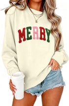 Women's Towel-Embroidered 'Merry' Crewneck Jumper - Apricot