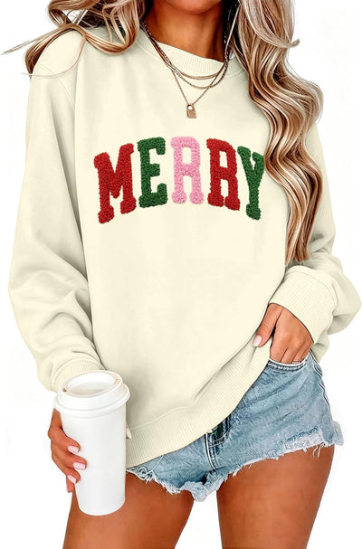 Women's Towel-Embroidered 'Merry' Crewneck Jumper