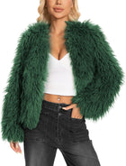 Women's Fuzzy Faux Fur Jacket – Concealed Button Closure - Dark Green
