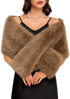 Women's Faux Fur Crossover Shawl Wrap – Stay-Put Design - Brown