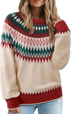 Women's Fair Isle Colour Block Knit Jumper – Ribbed Crew Neck - Beige