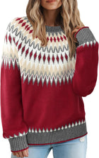 Women's Fair Isle Colour Block Knit Jumper – Ribbed Crew Neck - Red