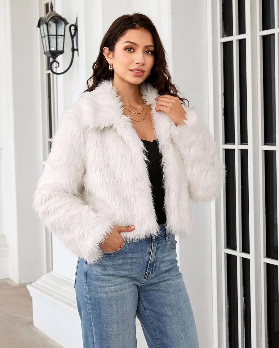 Women's Shaggy Faux Fur Cropped Jacket – Curved Hem