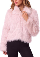 Women's Shaggy Faux Fur Cropped Jacket – Curved Hem - Pink