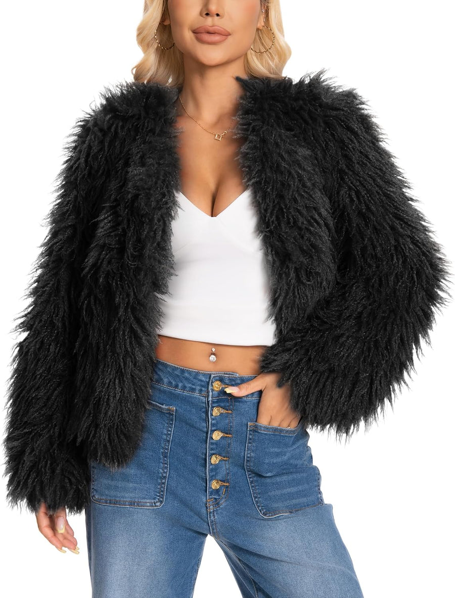 Women's Fuzzy Faux Fur Jacket – Concealed Button Closure