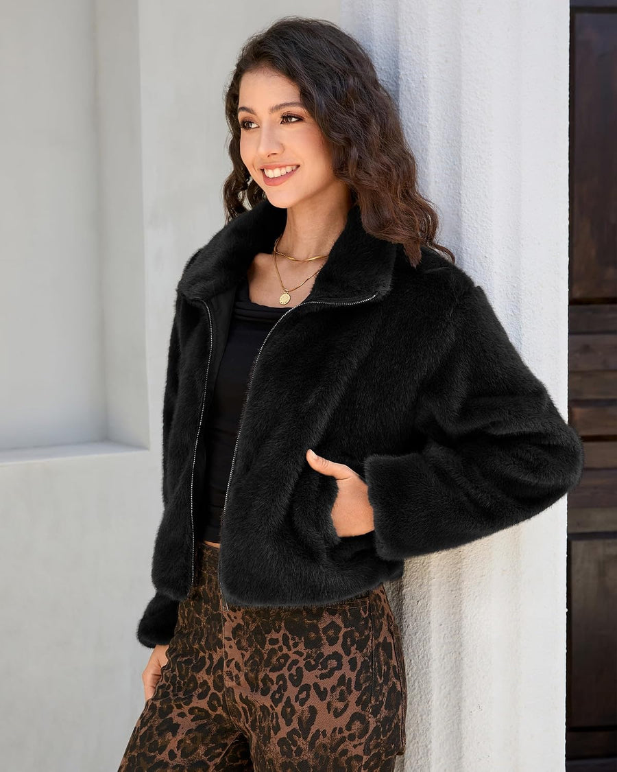 Women's Faux Fur Cropped Jacket – Full Zip Lapel Collar