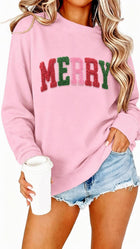 Women's Towel-Embroidered 'Merry' Crewneck Jumper - Pink